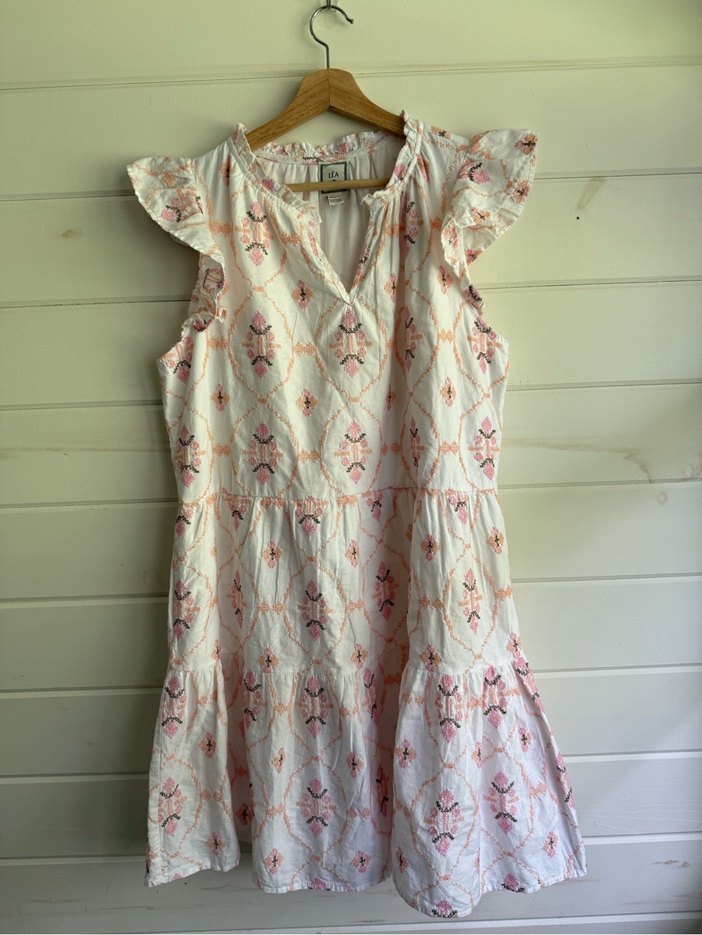 Sleeveless White Midi Dress with Pink Embroidery